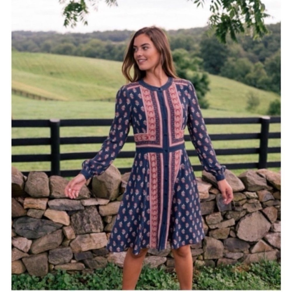 Gal Meets Glam Woodblock Print Midi Dress Size 0 Button Up Long Sleeve Blue